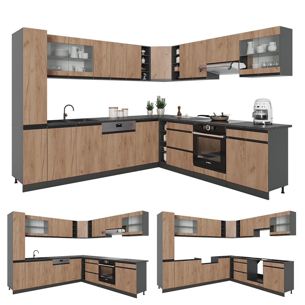 Vicco Eckküche Küchenblock Einbauküche R-Line J-Shape Anthrazit Eiche 277x257 cm modern Küchenschränke Küchenmöbel