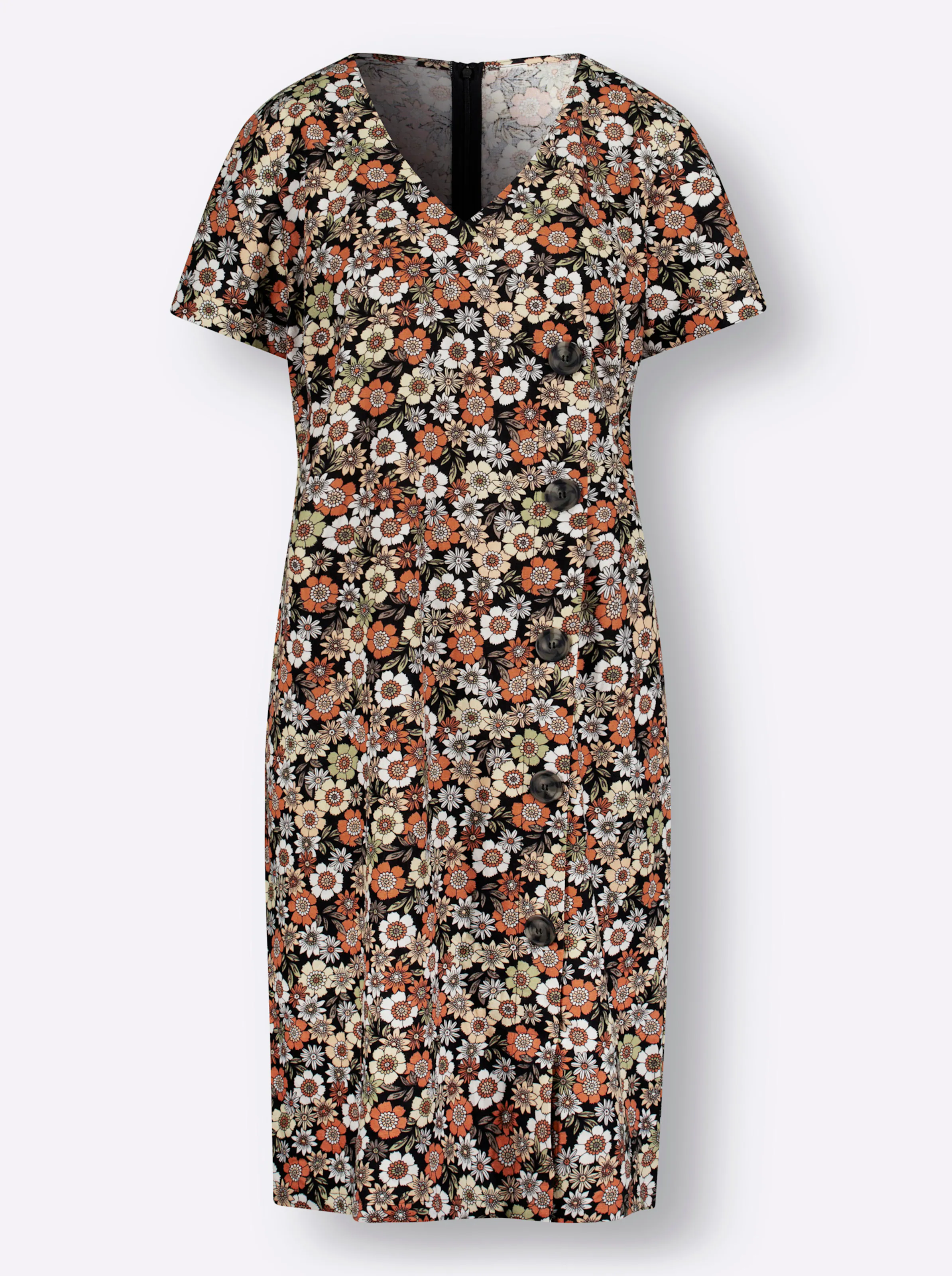 Druck-Kleid in schwarz-papaya-bedruckt