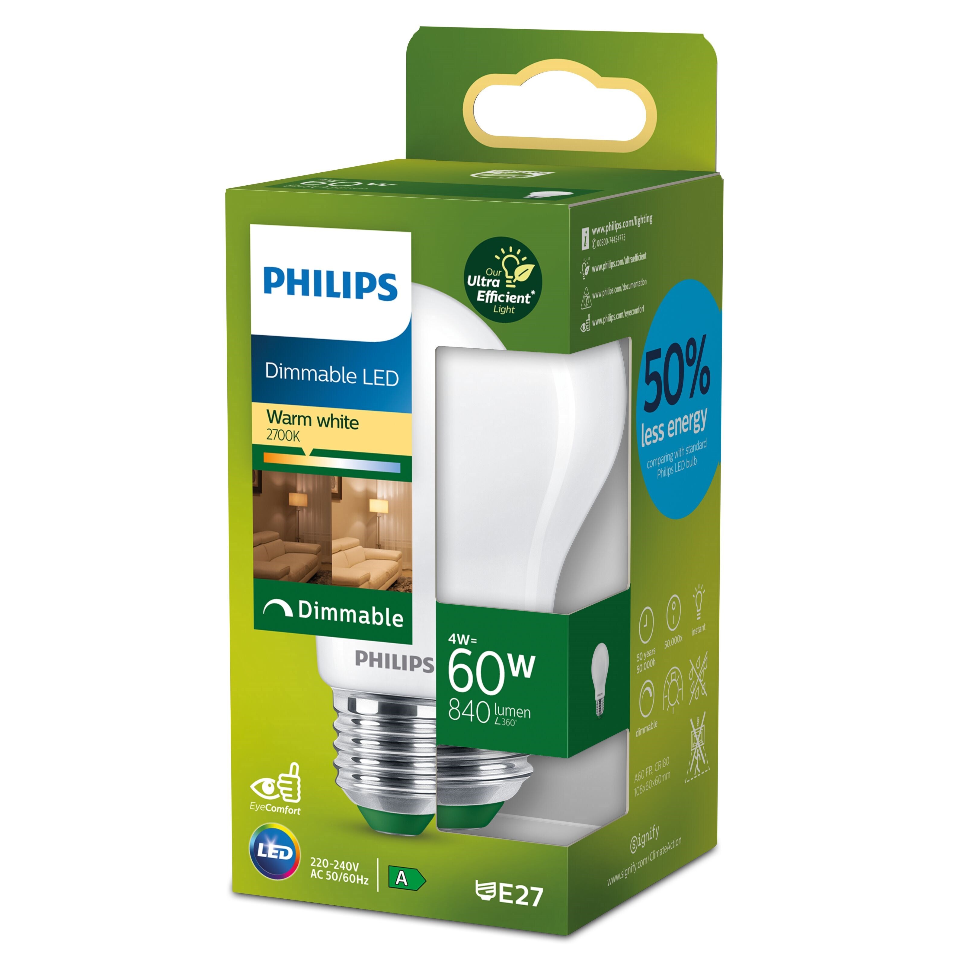 Philips Ultra Efficient E27 LED-pære 840 lm