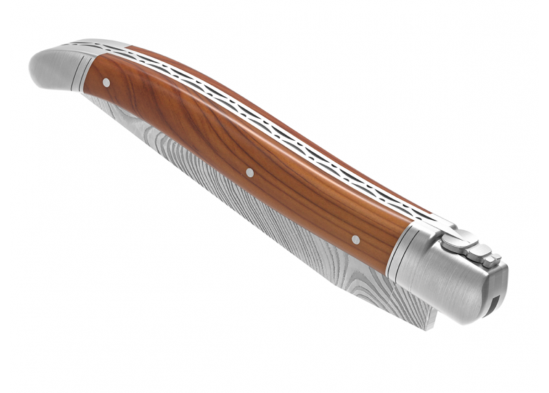 Couteau Laguiole collection damas avec un manche en bois d'If et 2 mitres en acier inoxydable