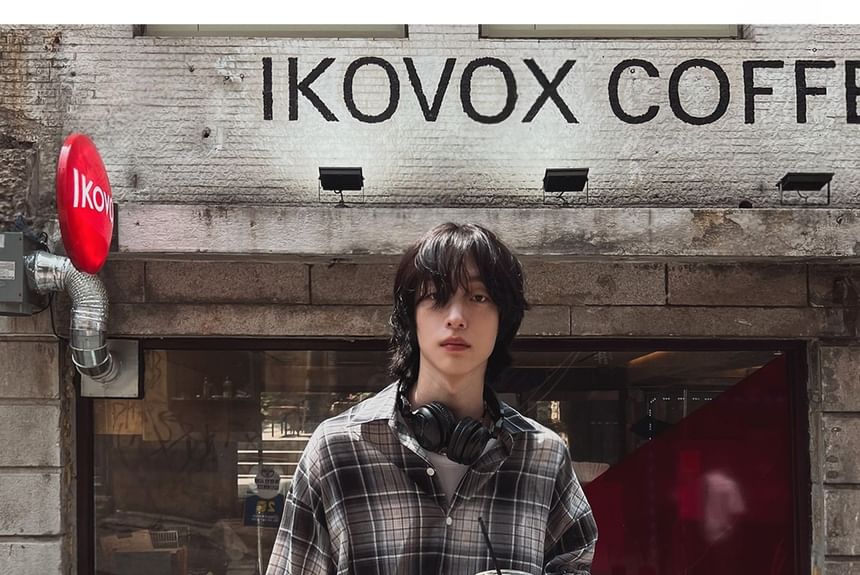 SeoulPop - Unisex geruit overhemd met lange mouwen en losse pasvorm