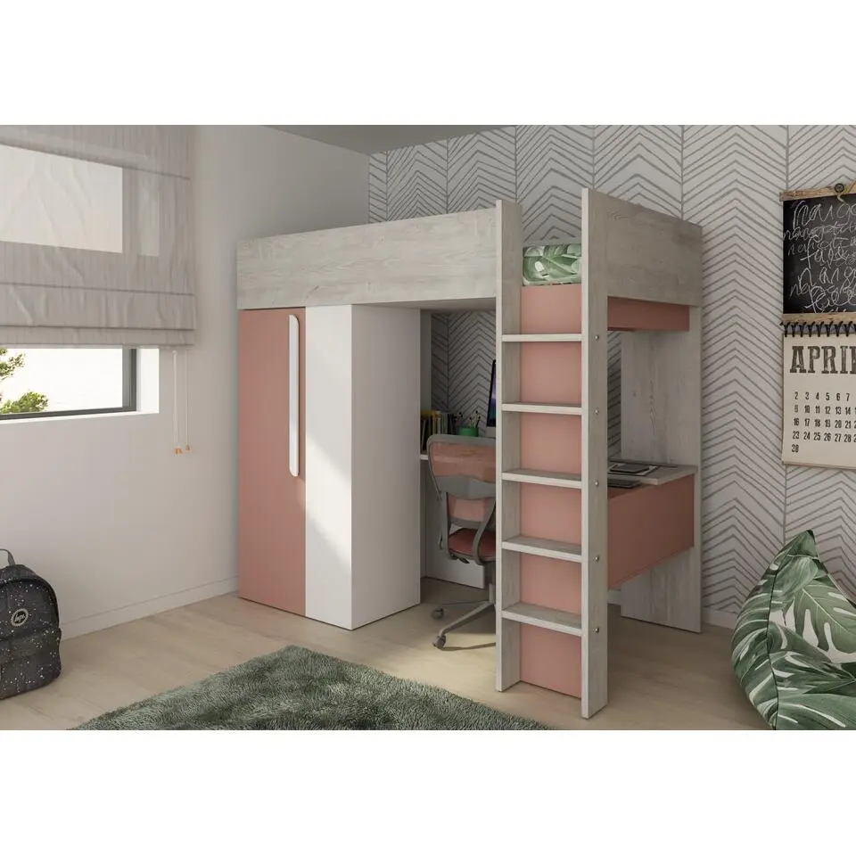 Hoogslaper Beau 90x200 met bureau & kast - oudroze