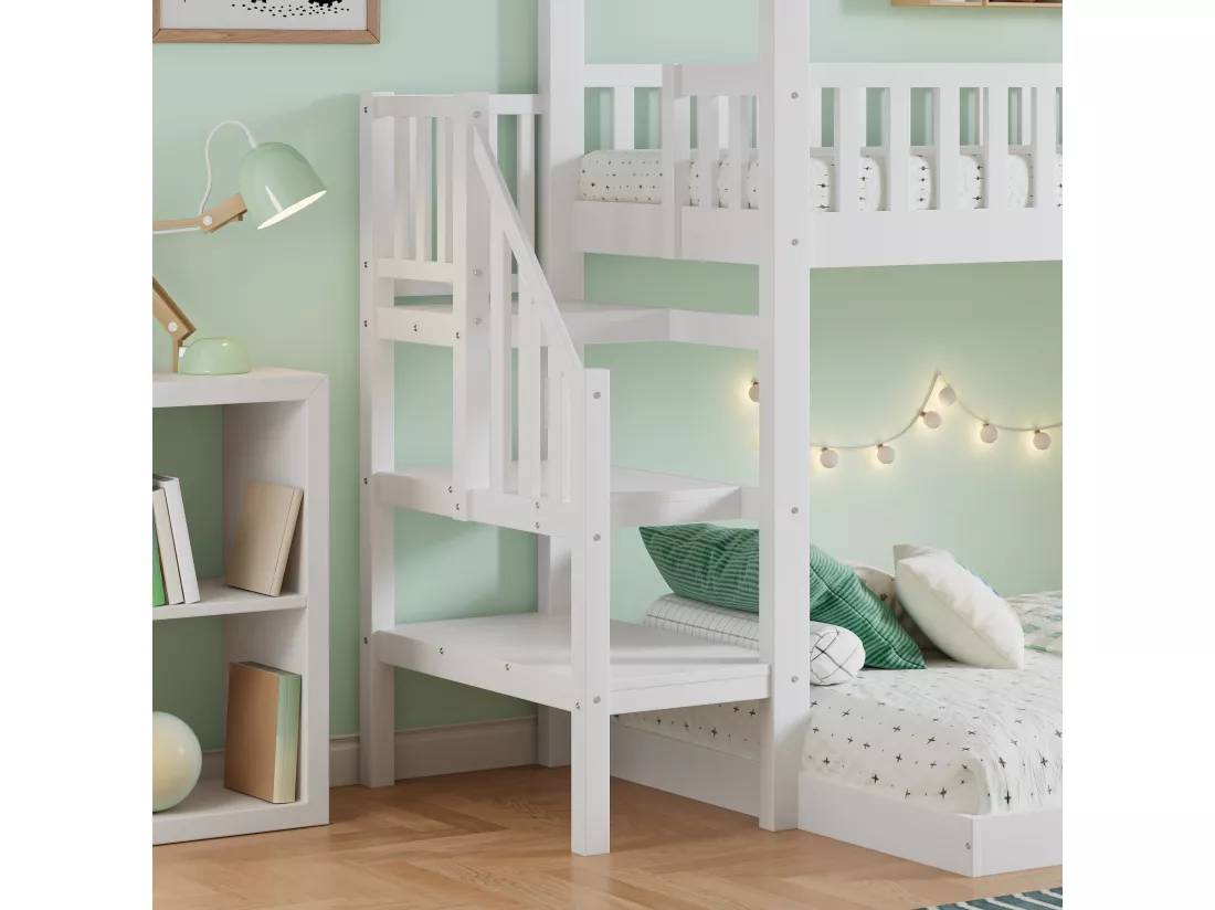 Lits superposés 90x190cm, lit enfant avec escalier, anti - chute et grille, cadre en pin, blanc