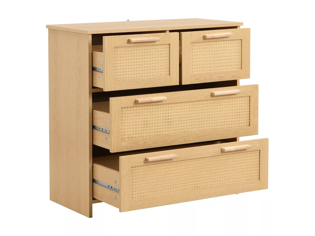 Armoire en rotin à 4 tiroirs avec poignées en bois massif,d80cm×h38cm