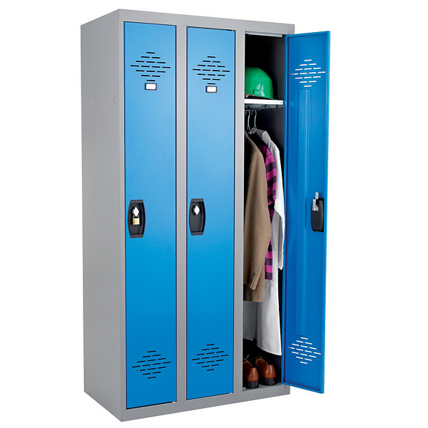 Vestiaires monobloc Confort Industrie propre 3 cases, toit plat, gris / bleu