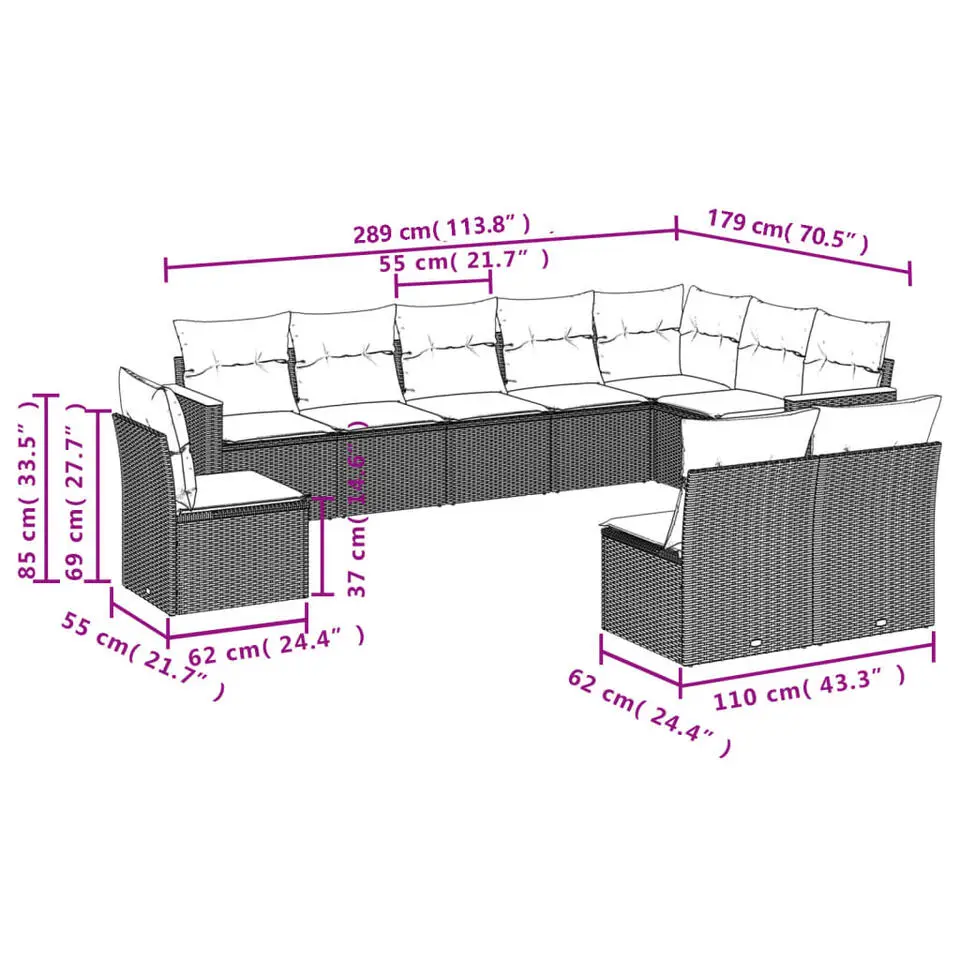 vidaXL 10-delige Loungeset voor 10 met kussens - Gris - Poly rattan