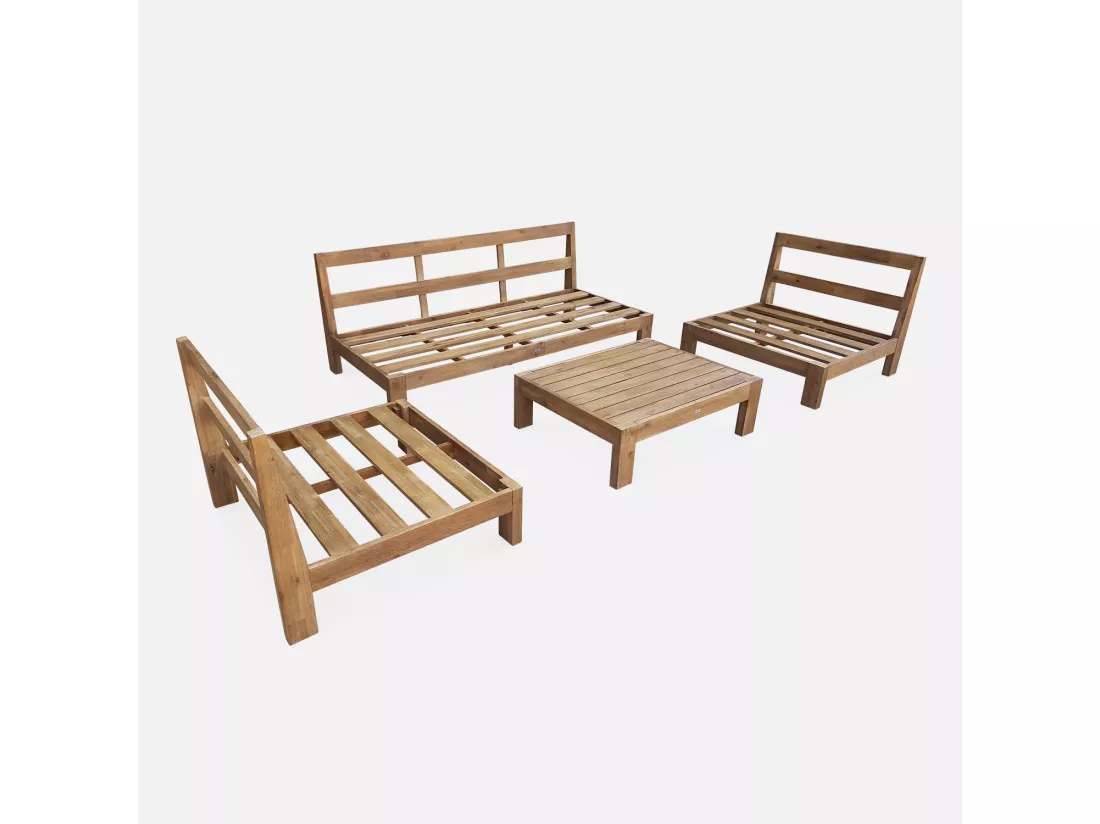 Salon de jardin XXL en bois brossé. effet blanchi – BAHIA – coussins anthracite. ultra confortable. 5 places