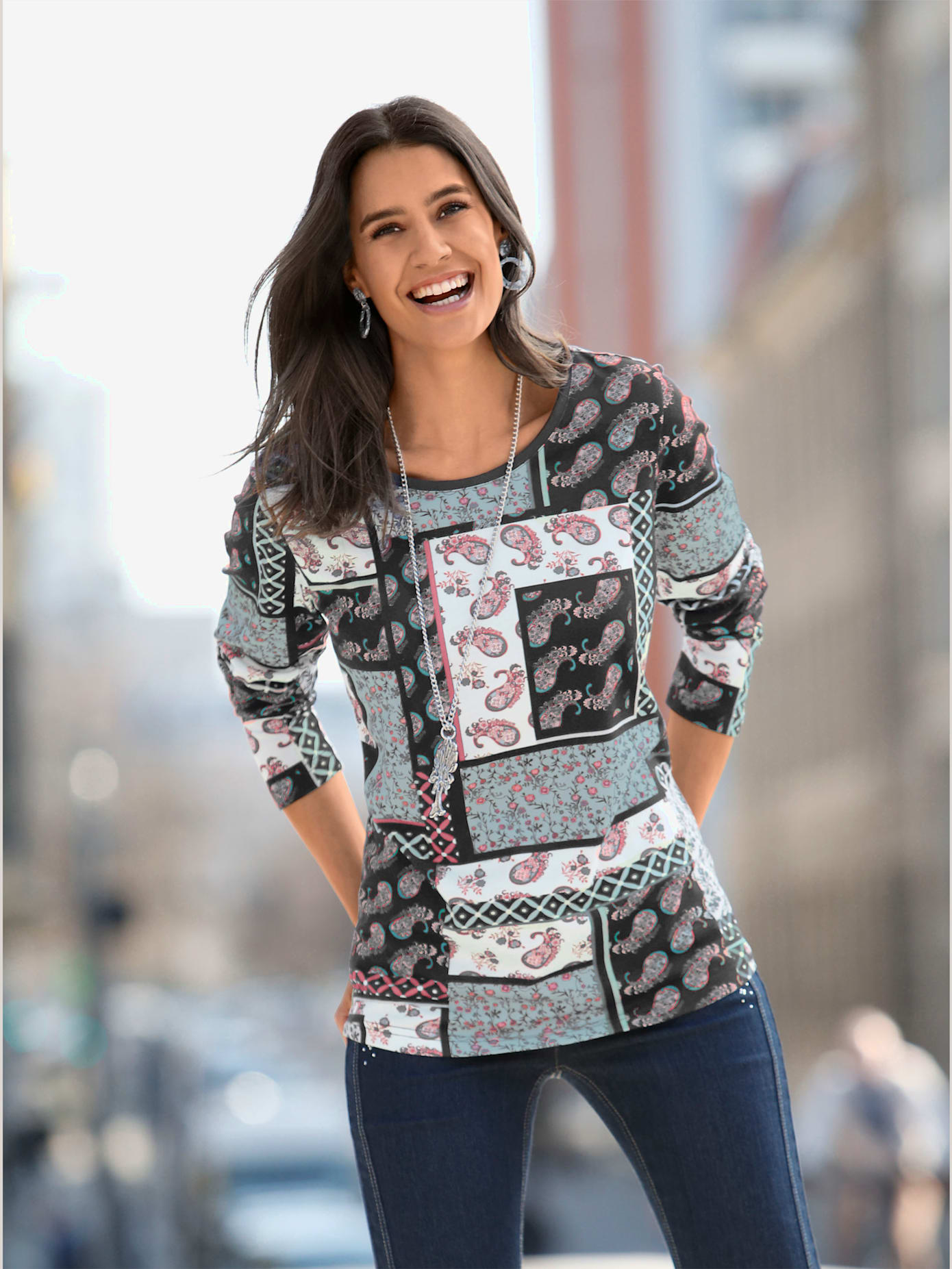T-shirt mélange coton-modal col rond manches longues