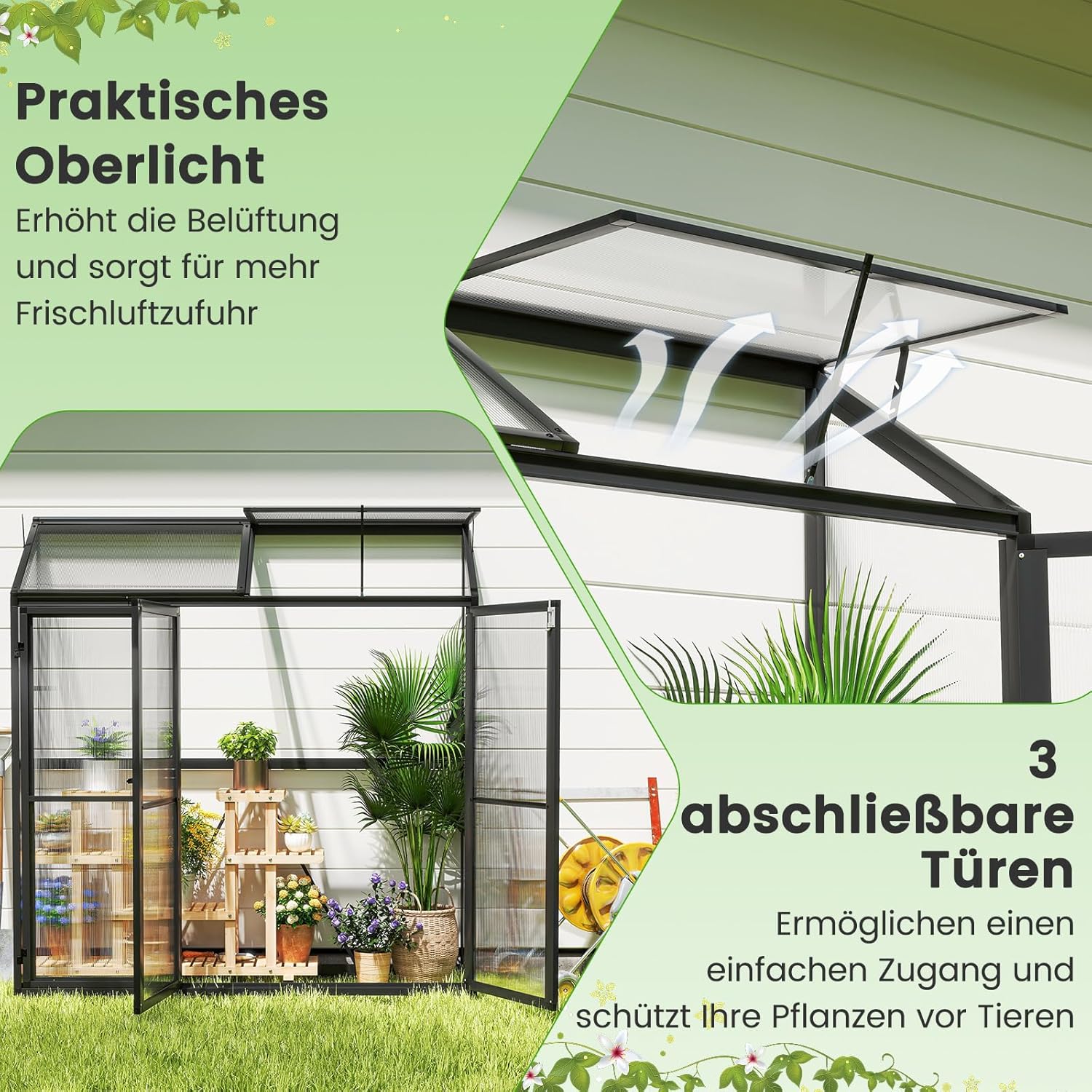 COSTWAY Gewächshaus, Anlehngewächshaus Tomaten, Treibhaus mit Oberlicht & 3 verschließbaren Türen, Aluminium, Beistell Tomatengewächshaus, Gartenhaus Pflanzenhaus groß, Schwarz, 180 x 52 x 190 cm