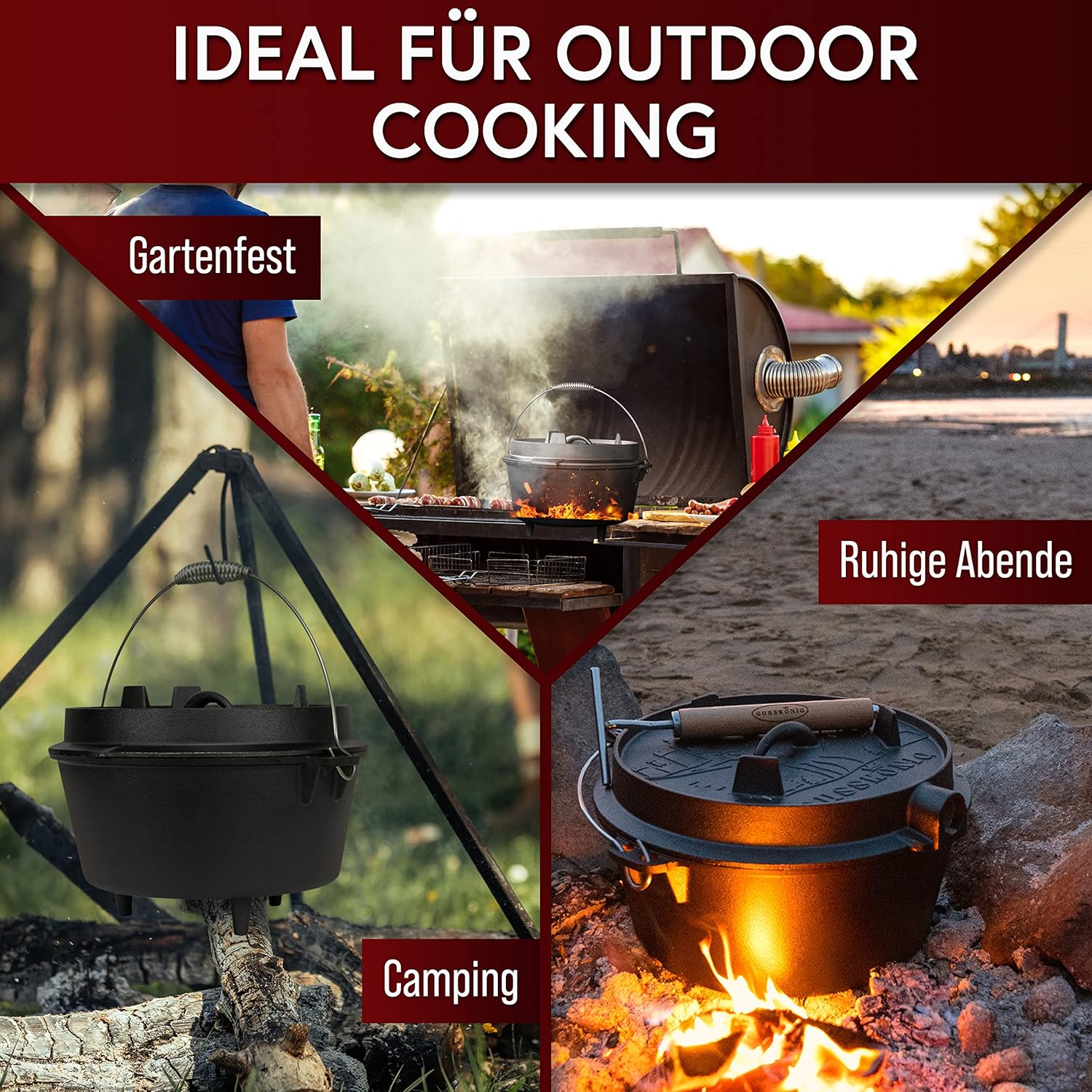 Dutch Oven Set - Eingebrannter Dutch Oven 12 Liter [10-16 Person]-Feuertopf Gusseisen mit Füßen-Schmortopf Doppelfunktion-2in1 Deckelheber, Bürste & DutchOven Rezeptbuch-30 Jahre Garantie