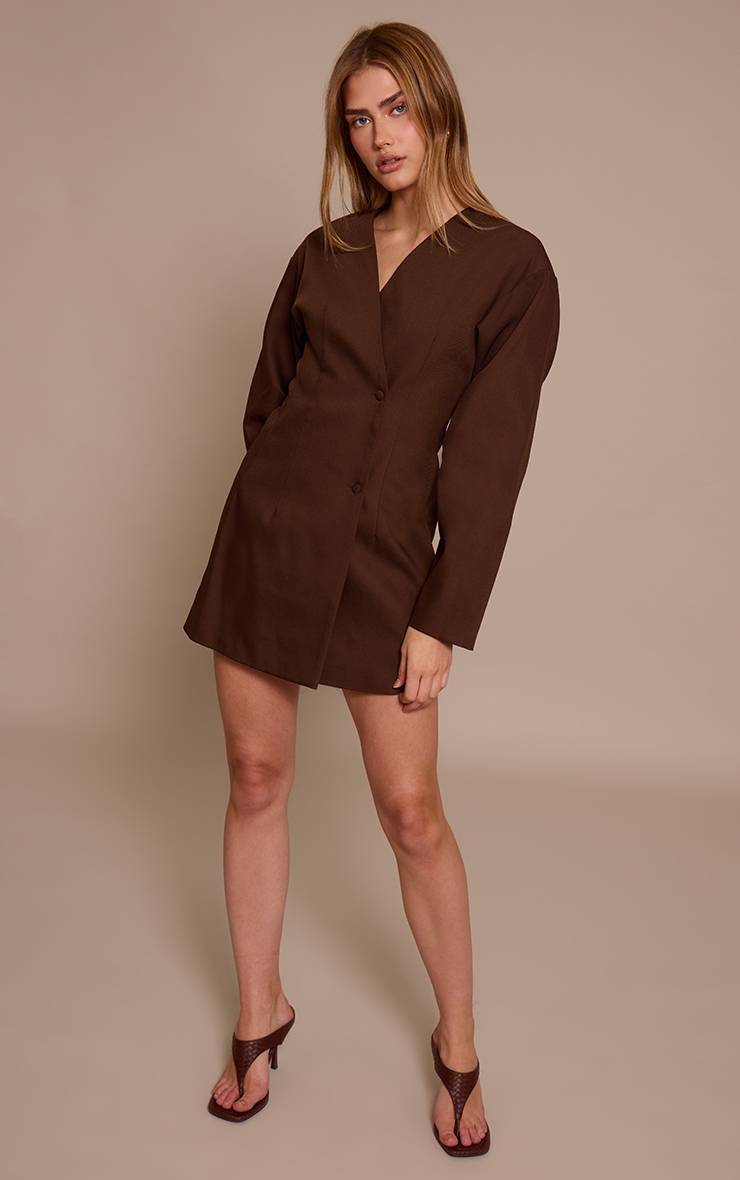Deep Chocolate Robe Blazer Tissée À Manches Ballon