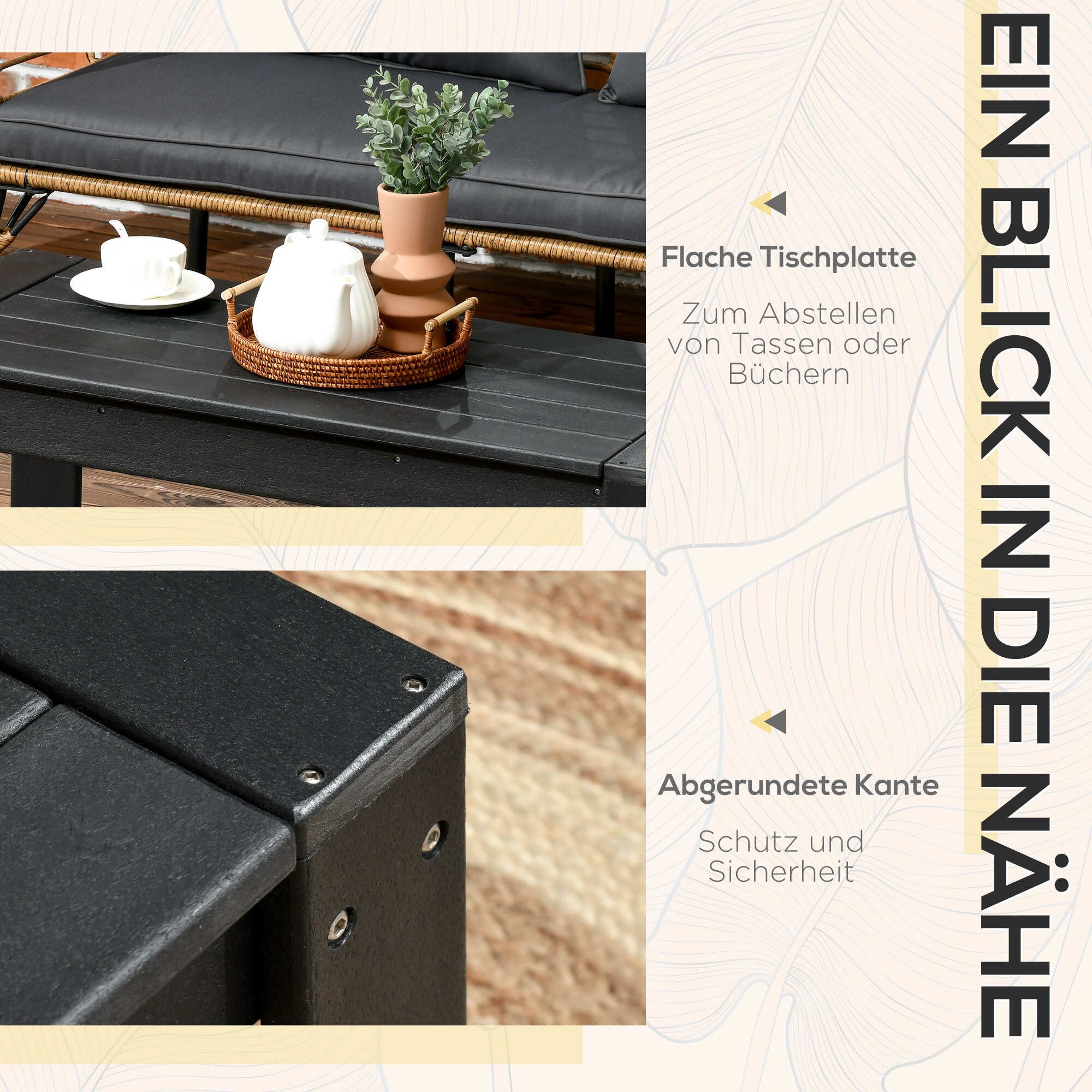 Outsunny Couchtisch mit Beinen schwarz 95L x 42B x 40H cm