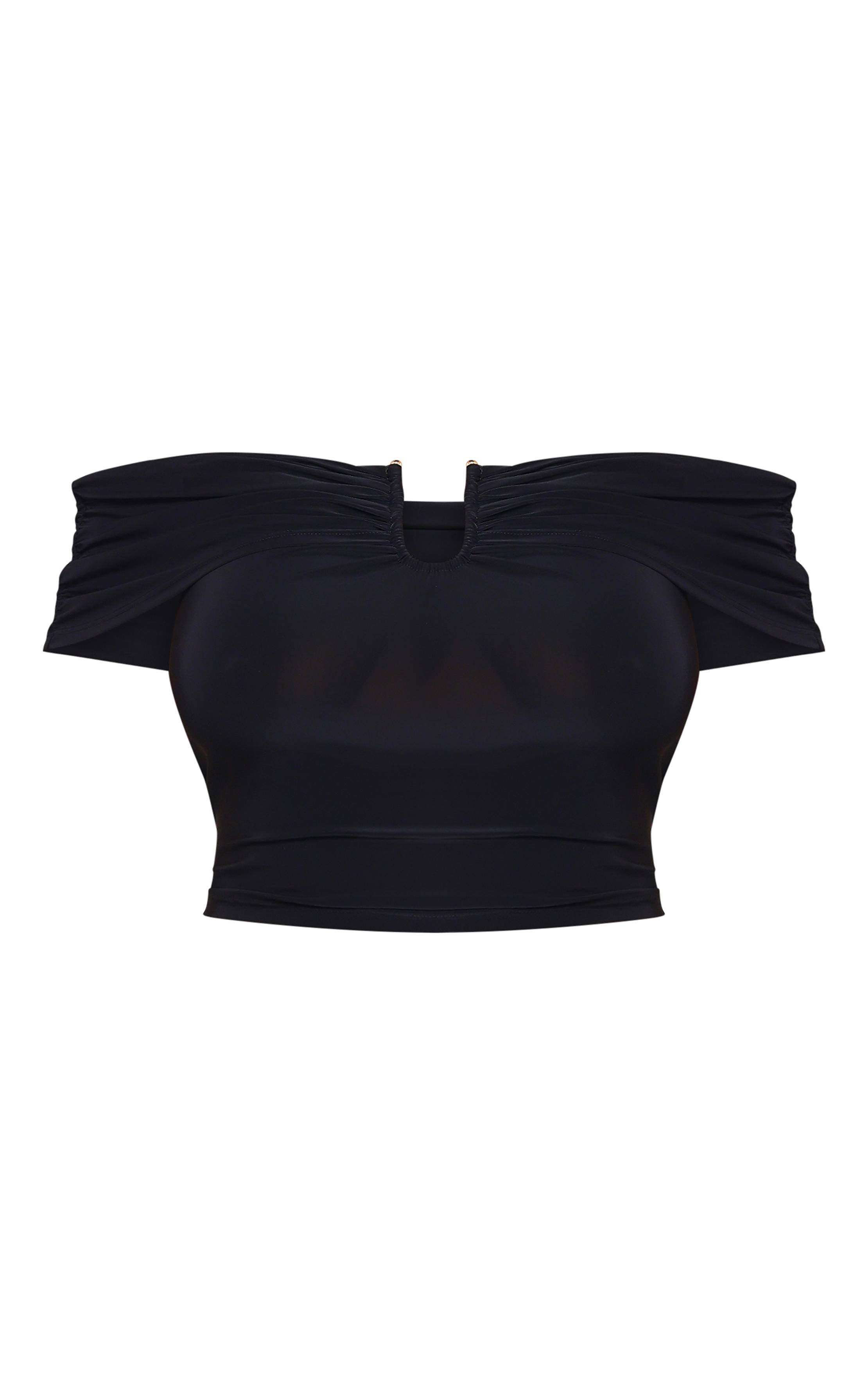 Noir Haut Bardot Grande Taille En Tissu Slinky Avec Détails De Finition Dorés