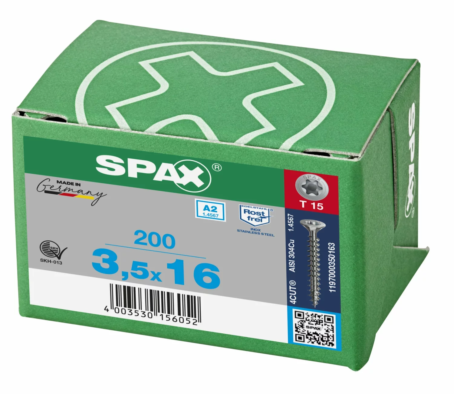 SPAX 1197000350163 Roestvaststalen schroef, Verzonken kop, 3.5 x 16, Voldraad, T-STAR plus TX15 - blank - 200 stuks
