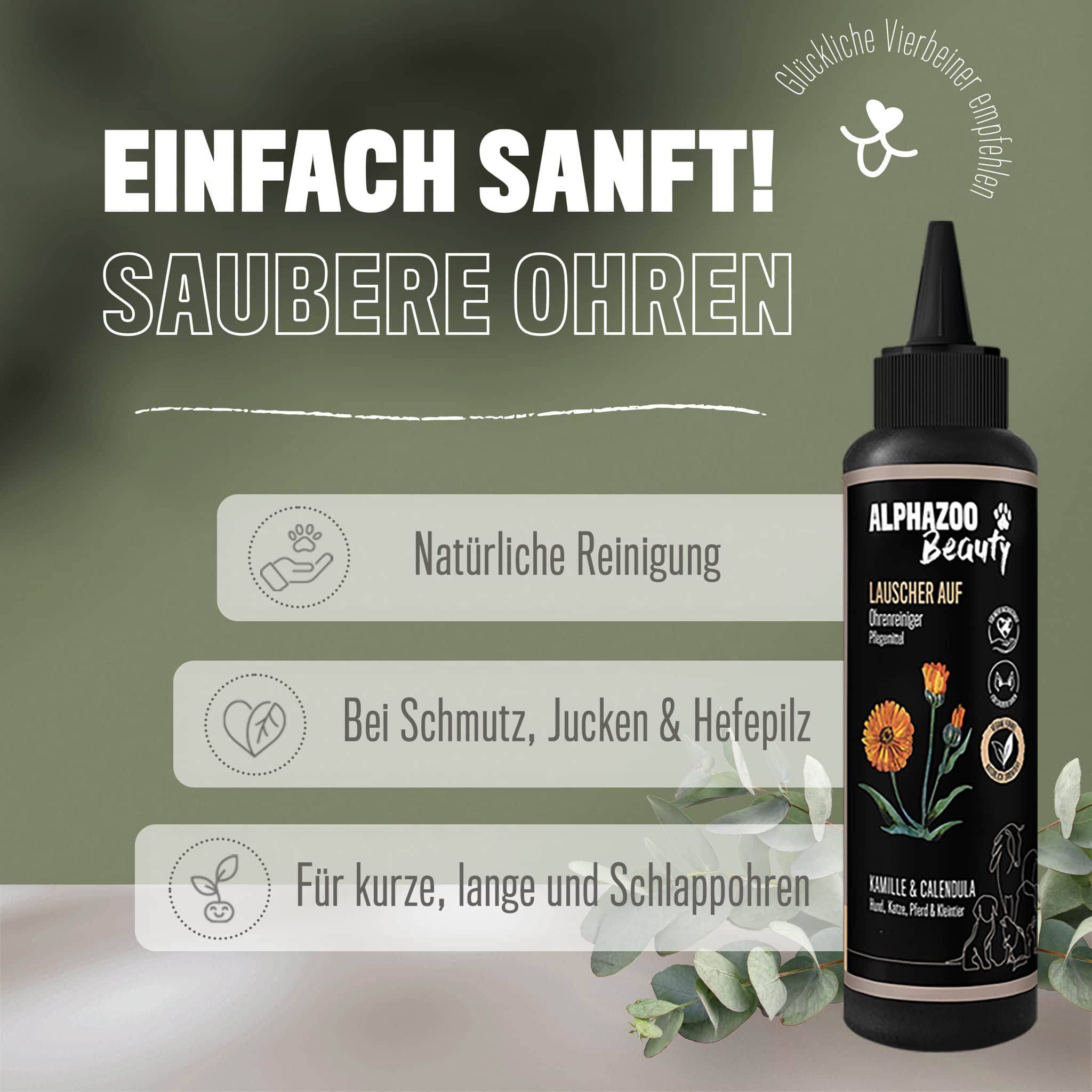 ALPHAZOO Lauscher-Auf Ohrenreiniger für Hunde & Katzen I Ohrenpflege mit Kamille