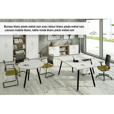 Bureau LEONARDO - 180 cm - Pieds métal noirs - Blanc chants chêne