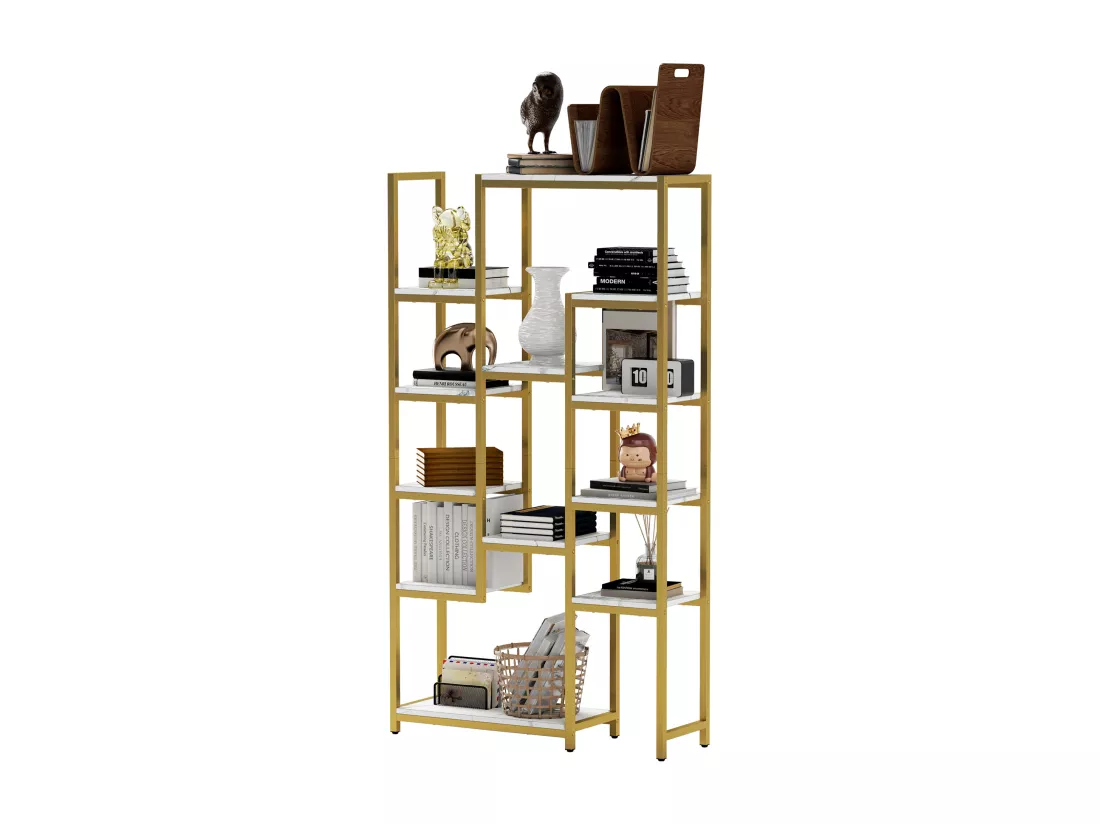 YITAHOME Bibliothèque à 6 Niveaux, Étagère Moderne avec 12 Pièce, Rangement Ouvertes pour maison, Or et Blanc