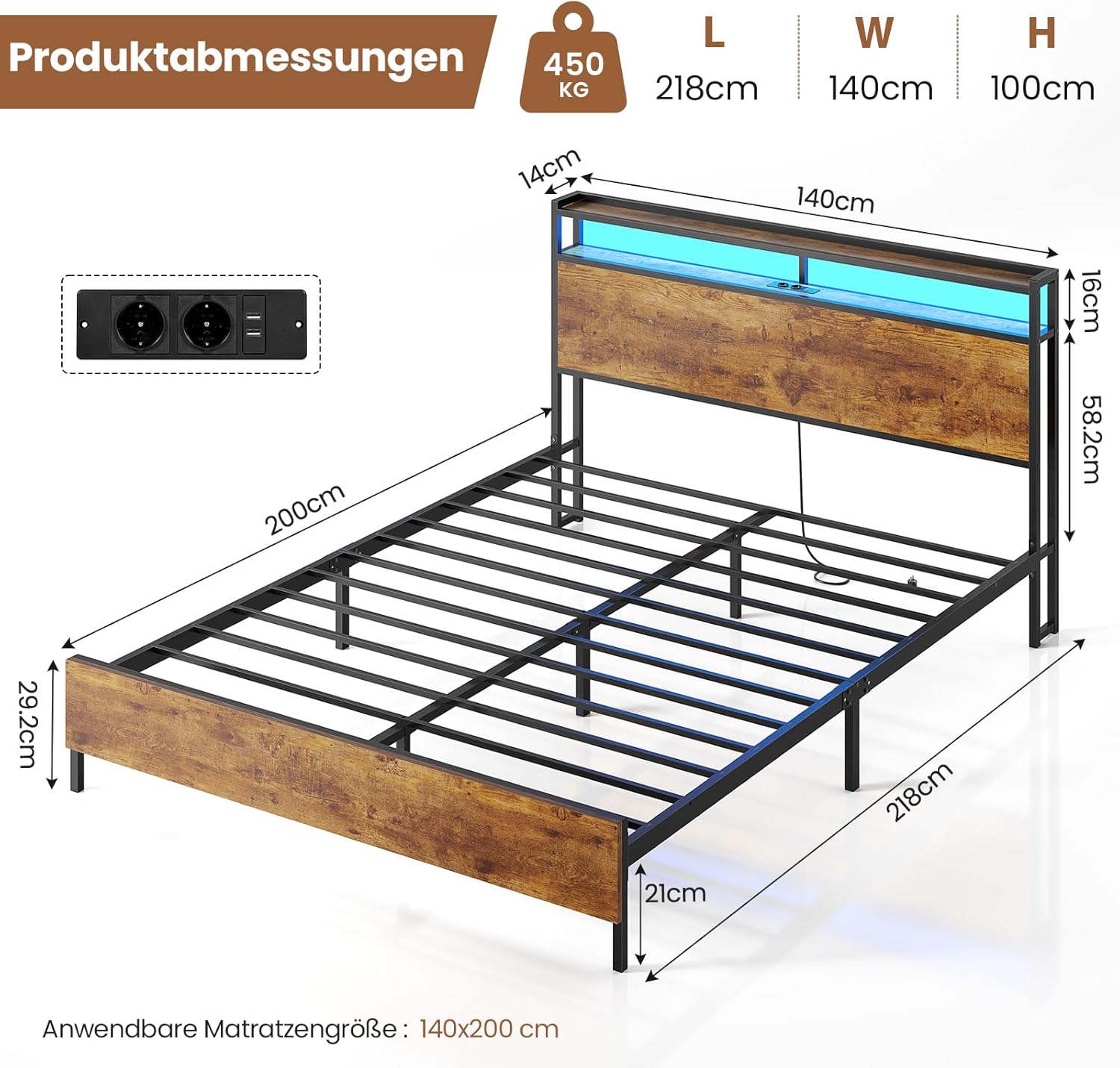 Bett 140x200 mit Lattenrost aus Metall Doppelbett mit LED Beleuchtung und Ladestation (2 AC-Steckdosen 2 USB-Anschlüsse) Bettrahmen, Bettgestell 140x200cm mit Holzkopfteil und Stauraum, Braun