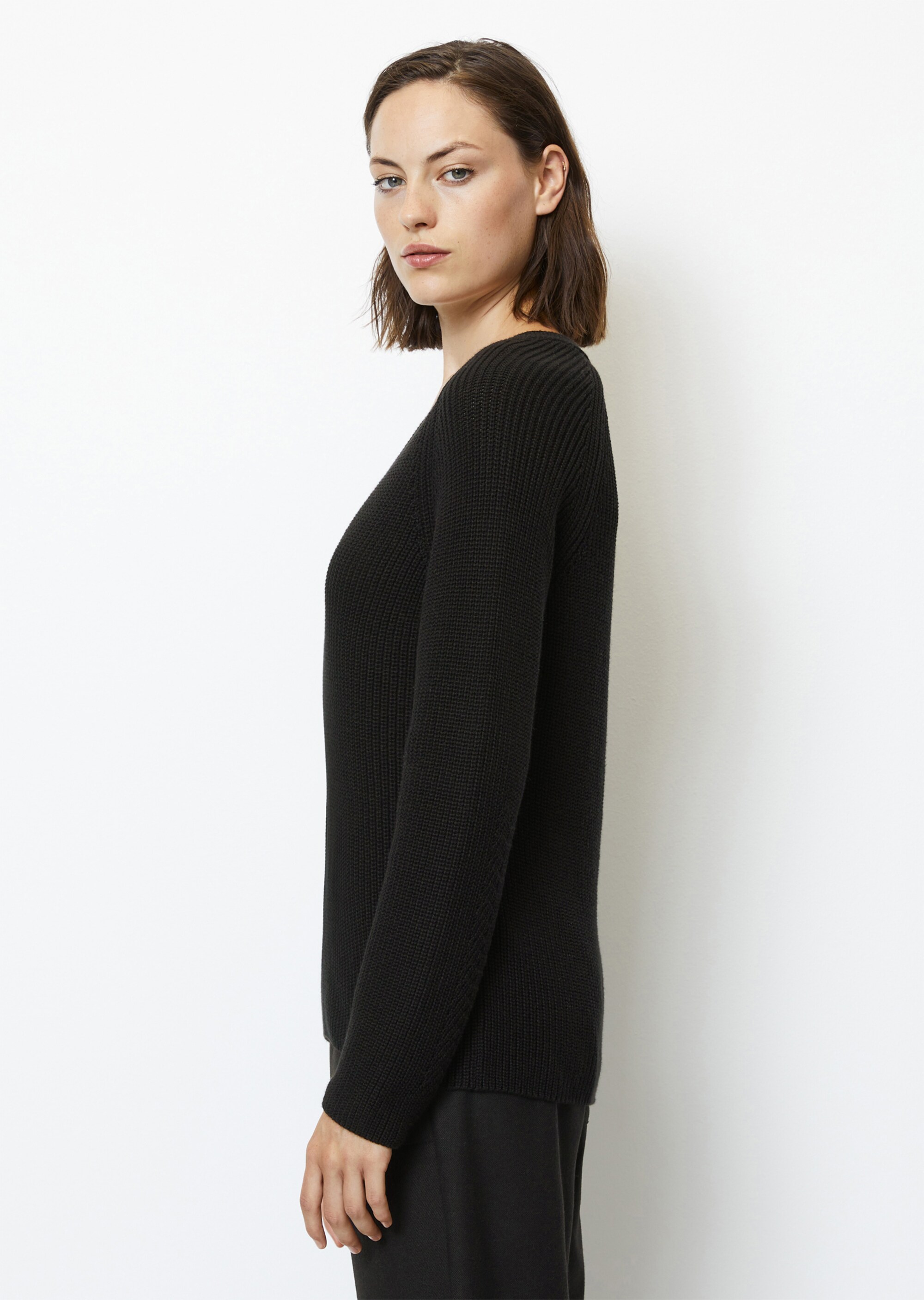 V-Neck-Strickpullover relaxedaus schwerem Baumwoll-Garn
