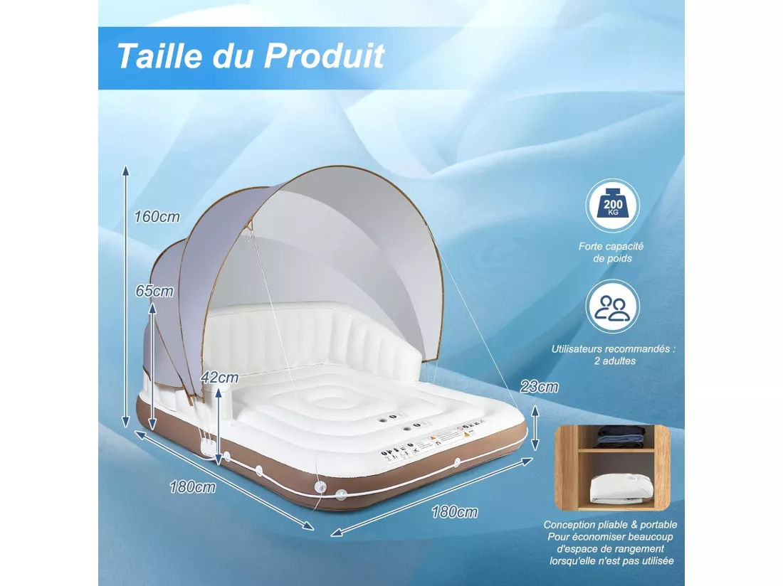 Matelas Gonflable Lounge/Salon de Piscine Flottant 180x180x160CM Charge 200KG avec Accoudoir à Haut Dossier,2 Porte-Gobelets et Auvent Rétractable