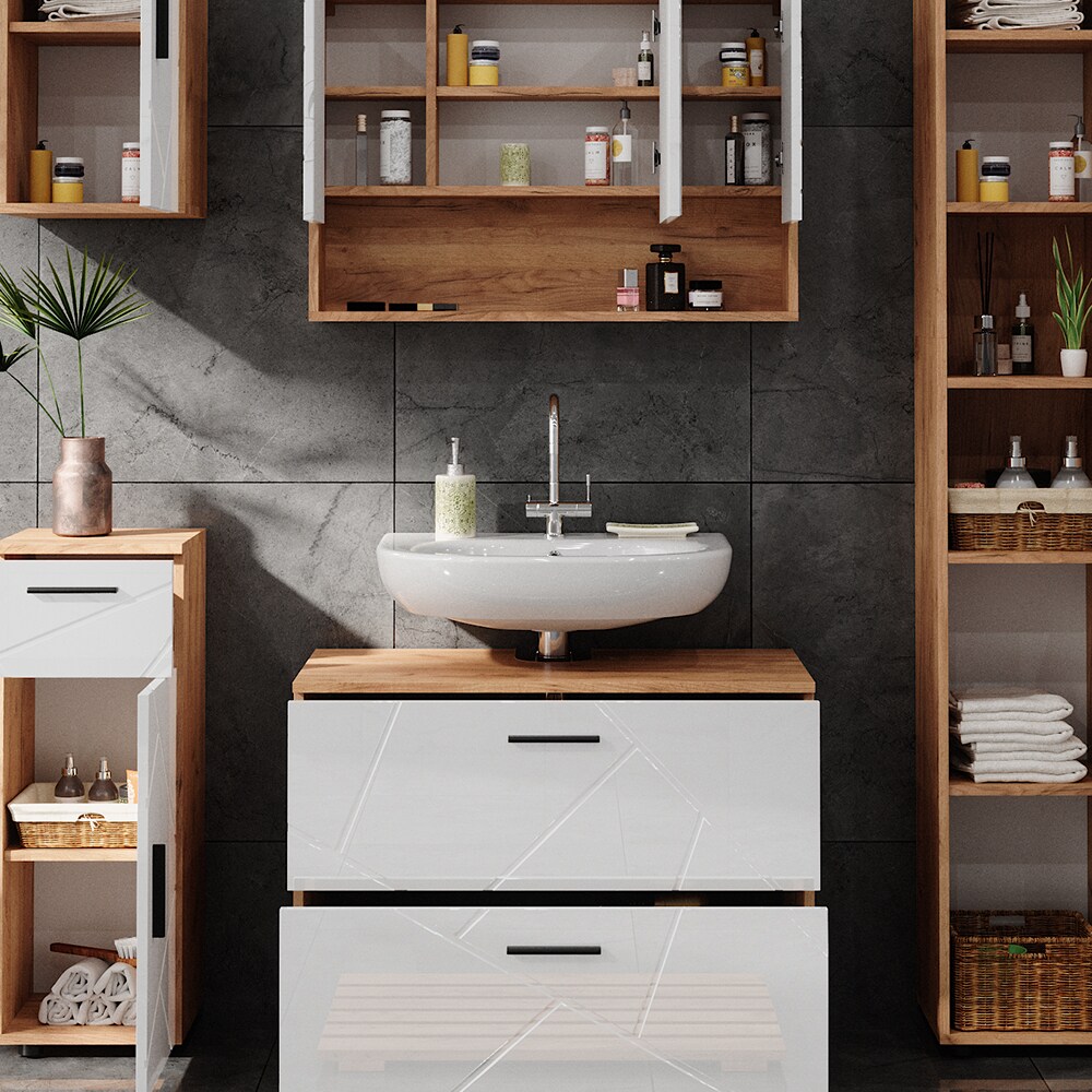 Vicco Badmöbelset Irma Eiche Weiß Hochglanz modern 80 cm 30 cm Badezimmerschrank Badschrank Badezimmermöbel Waschtischunterschrank Spiegelschrank Hochschrank Midischrank Hängeschrank Tür Schublade
