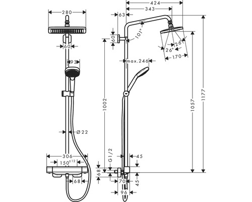 Douchekolom incl. thermostaat hansgrohe Croma E Showerpipe 280 1jet chroom 27630000