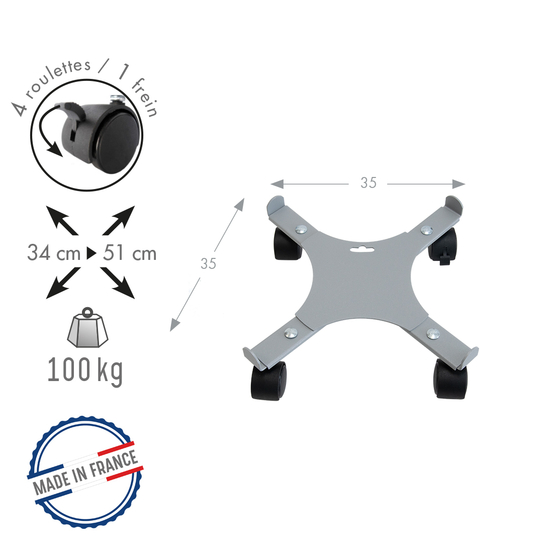 Support poterie extensible avec 4 roulettes, en métal gris alu 34-51cm