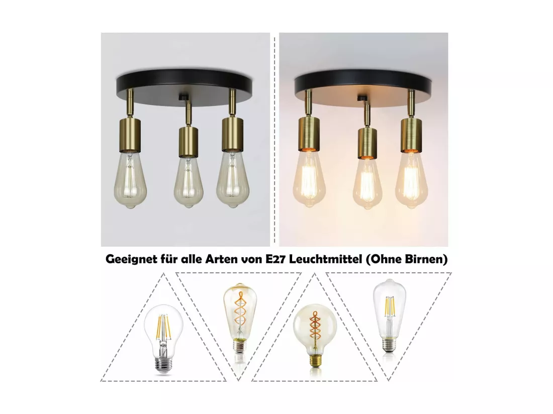 NETTLIFE Plafonnier 3 Spots de Plafond Max. 25W E27 Vintage Flamme Rond Moderne Lustre Pivotant pour Chambre Salle à Manger Cuisine Couloir Salon