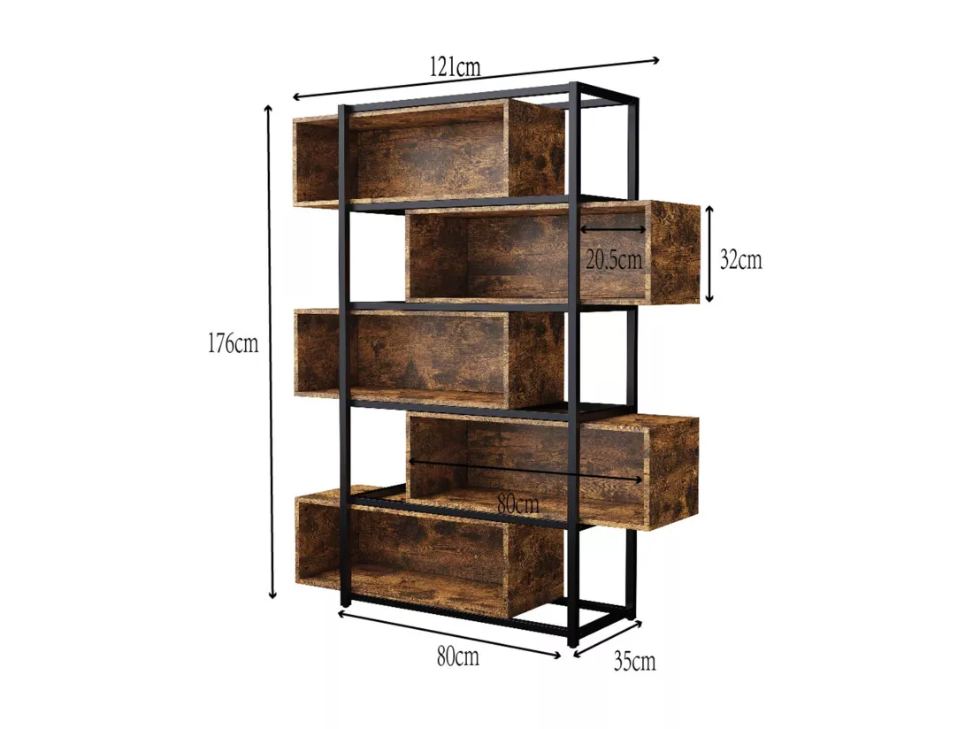 Bibliothèque à 5 niveaux avec étagères - 121 x 35 x 176 cm - Marron