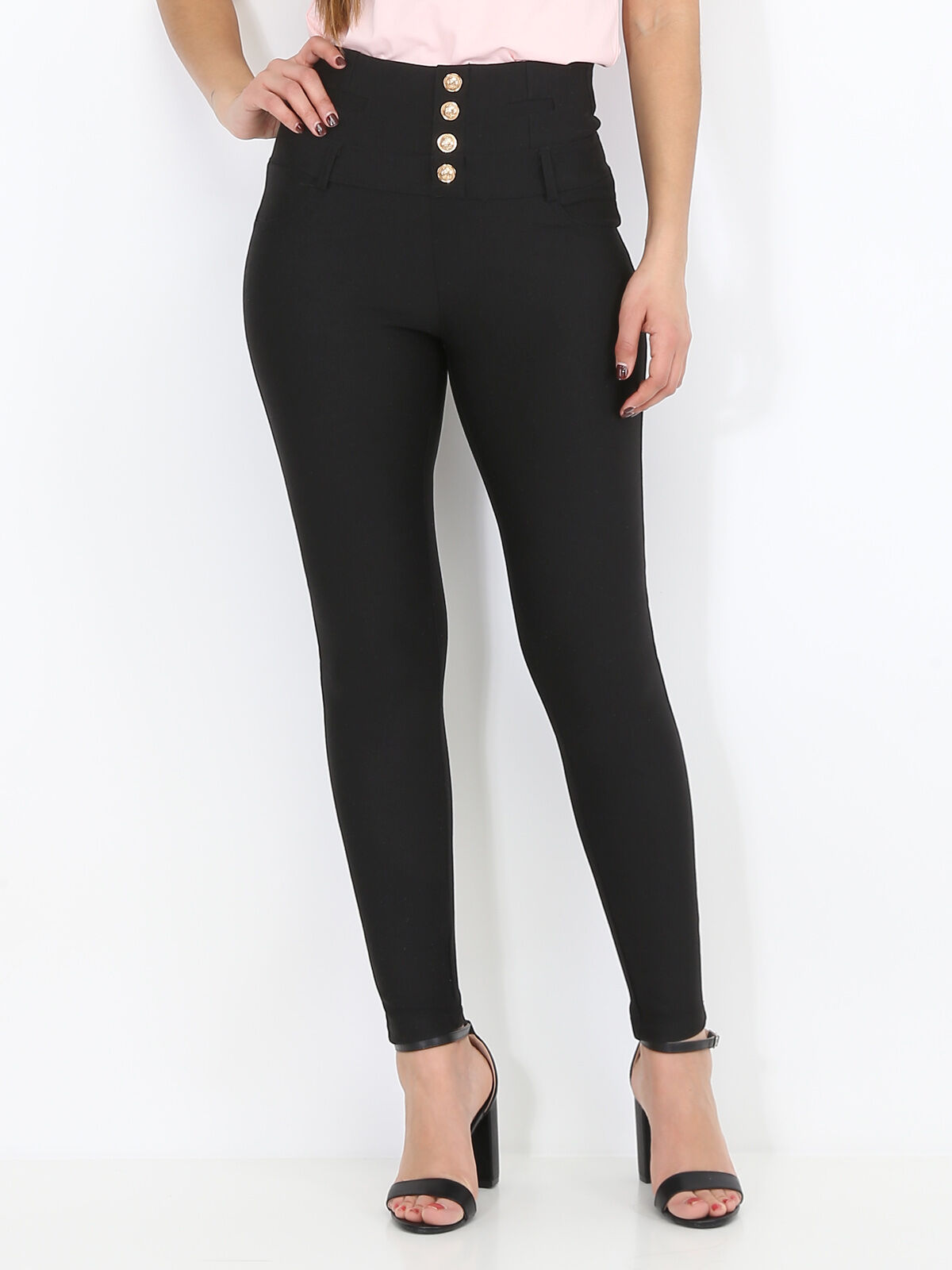 Pantalon skinny à boutons dorés- Noir