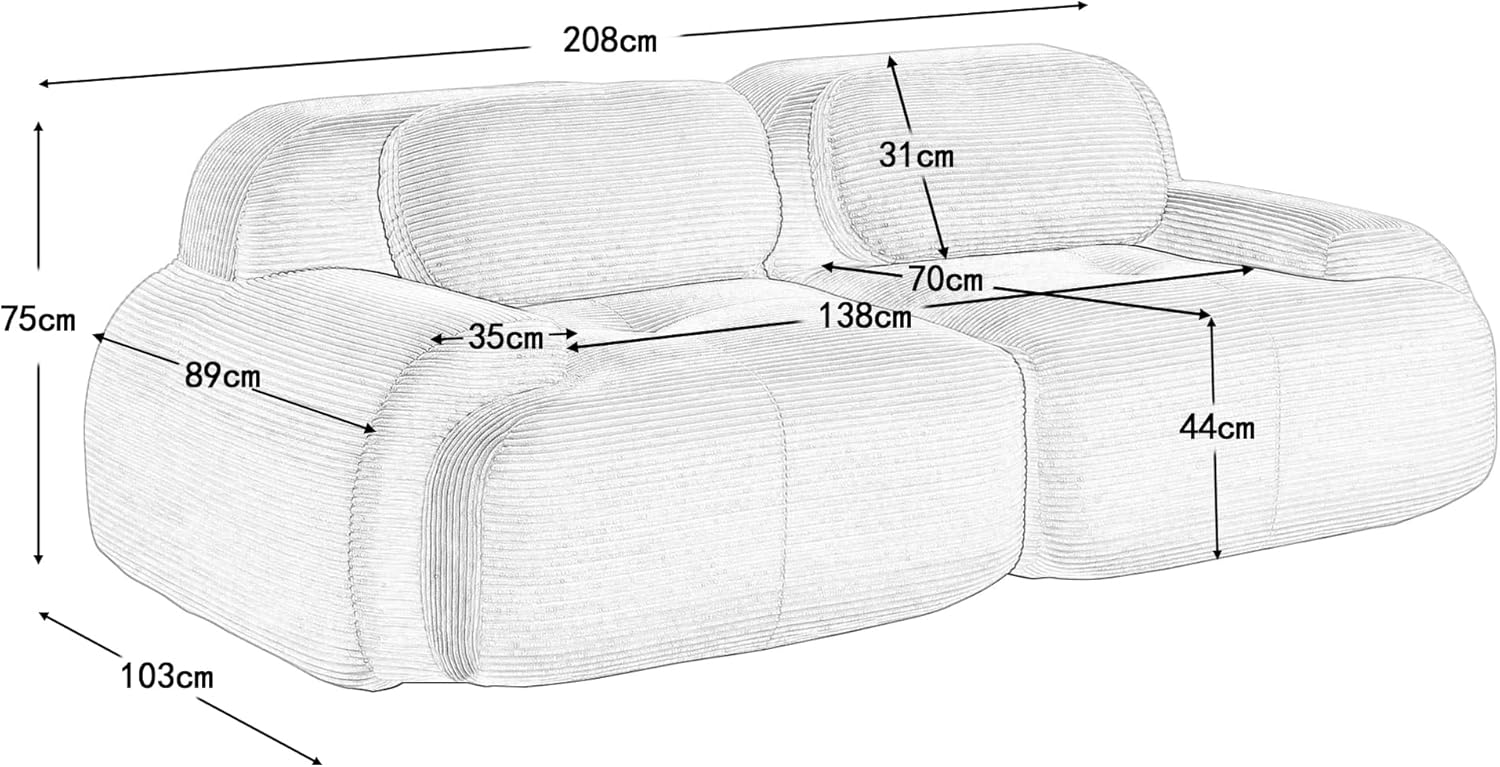 Modulares 2 Sitzer Sofa aus Cordstoff, Boneless Couch, Compressed Sofa, Ohne Montage & Rutschfester Unterseite, frei Kombinierbar, für Wohnzimmer, Ruhezonen, 208×103×75cm (Grün)