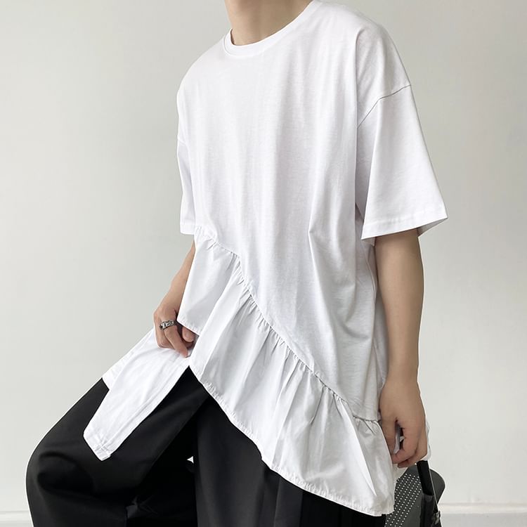 Bjorn - T-shirt met korte mouwen, ronde hals, effen ruches en asymmetrische print