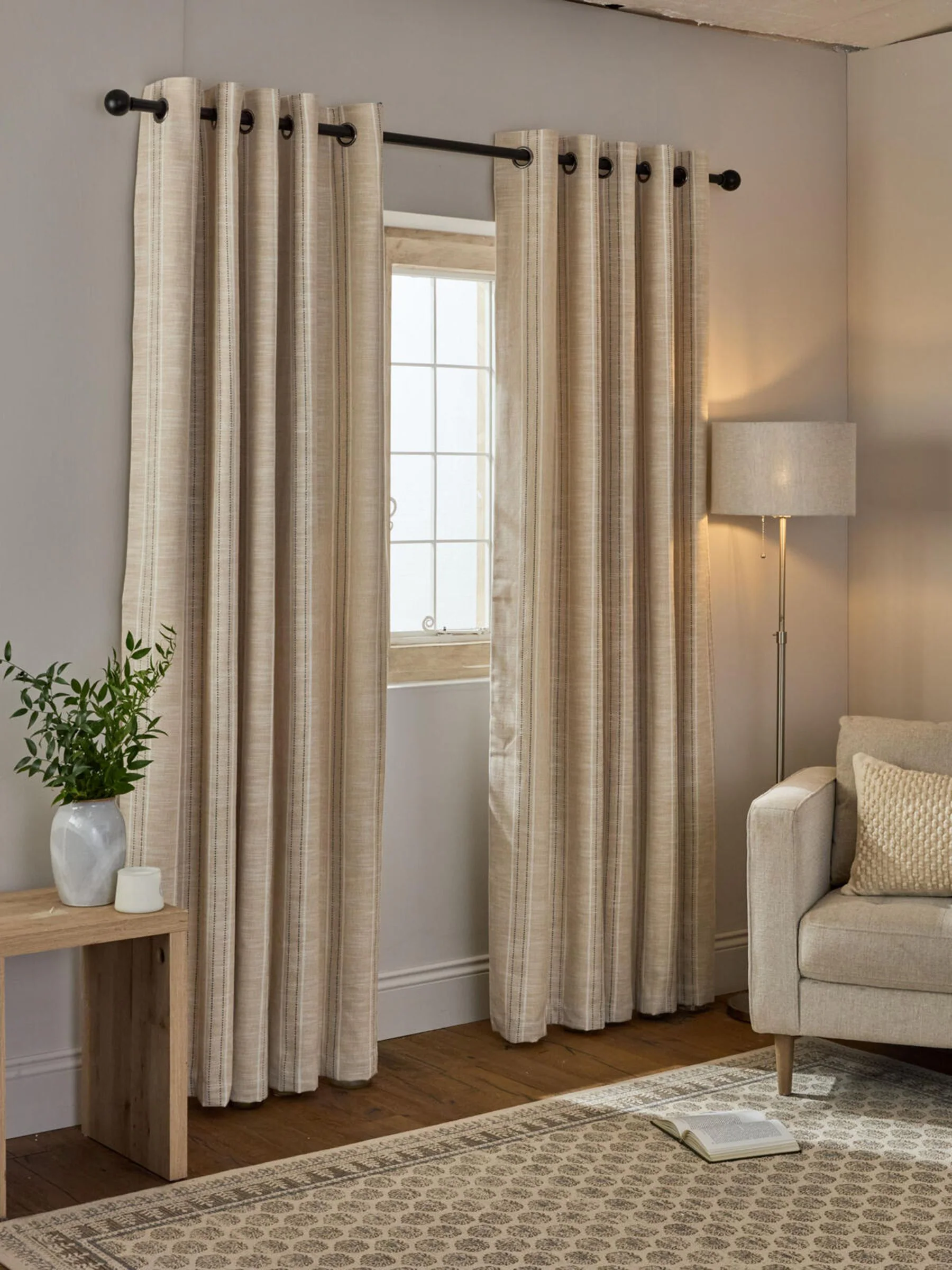 Thatched Linen Look Stripe Eyelet Curtains