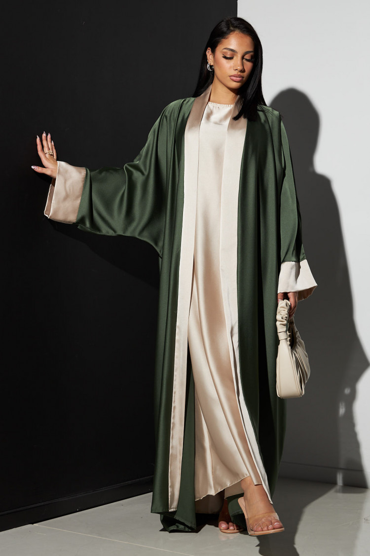 Ensemble 2 pièces robe + kimono kaki à bandes beige