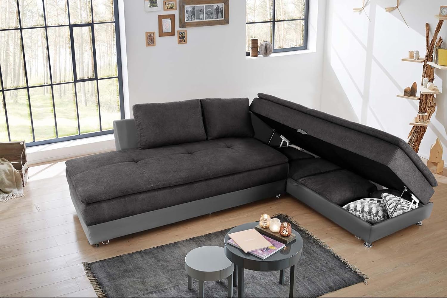 Federkern Ecksofa B306/T223/H95 cm Dauerschläfer, Doppelbett Schlaffunktion, Kaltschaum-Topper, Bettkasten, Regal, Schwenkteil LINKS, Mikrofaser-Bezug Anthrazit, Korpus Kunstleder Grau / 15105