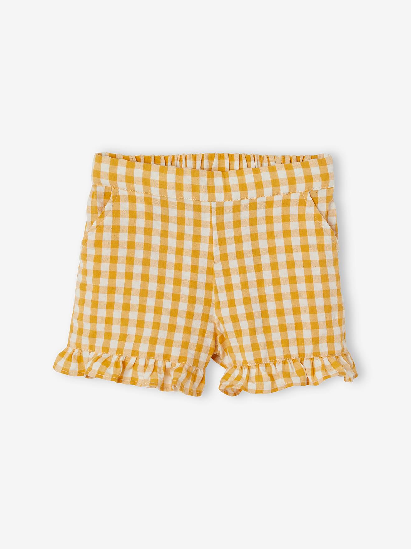 Conjunto de camiseta e shorts xadrez vichy para meninas, branco claro liso.