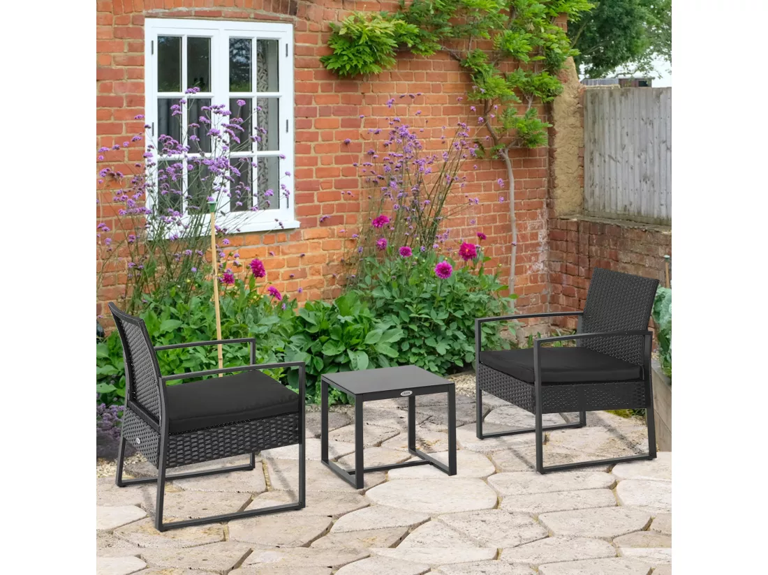 Salon de jardin 2 places 3 pièces 2 chaises avec coussins + table basse plateau verre trempé résine tressée 4 fils imitation rotin noir