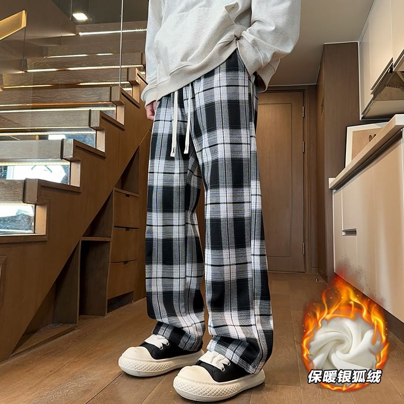 Obikan - Geruite rechte broek met trekkoordtaille