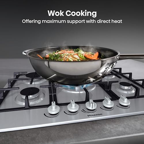 Hisense GM663XB Plaque de cuisson à gaz, 4 zones de cuisson, largeur 60 cm, brûleur wok double couronne et grilles en fonte, allumage intégré, anti empreintes digitales en acier inoxydable : Gros électroménager