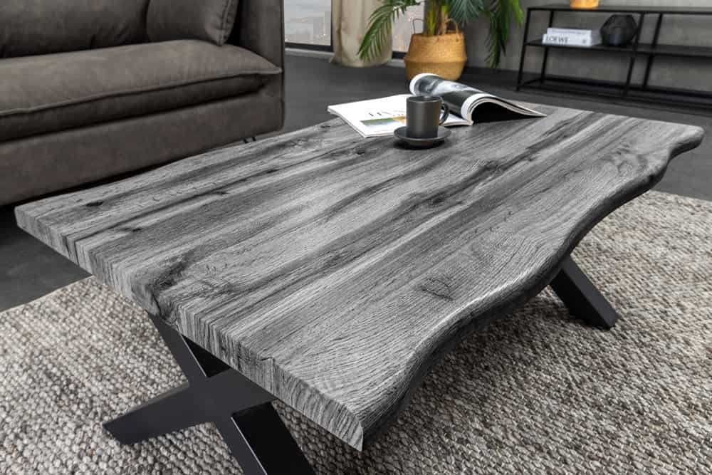 Industrial Couchtisch WILD 90cm grau Wildeichen-Design schwarz Metall Baumkante