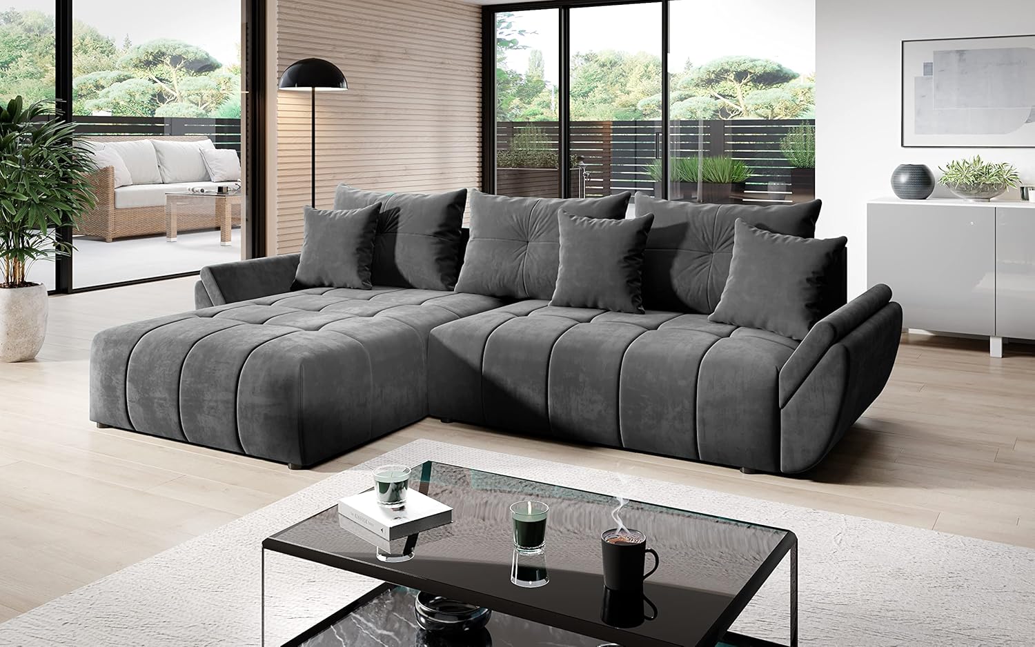 Vigo Velvet Monolith Ecksofa in L-Form 280 cm x 190 cm - Schlafsofa mit Bettkasten - Couch mit Stauraum und Kissen - Sofa mit Schlaffunktion - Ausziehbares Schlafsofa - Farbe: Grau (M-92)