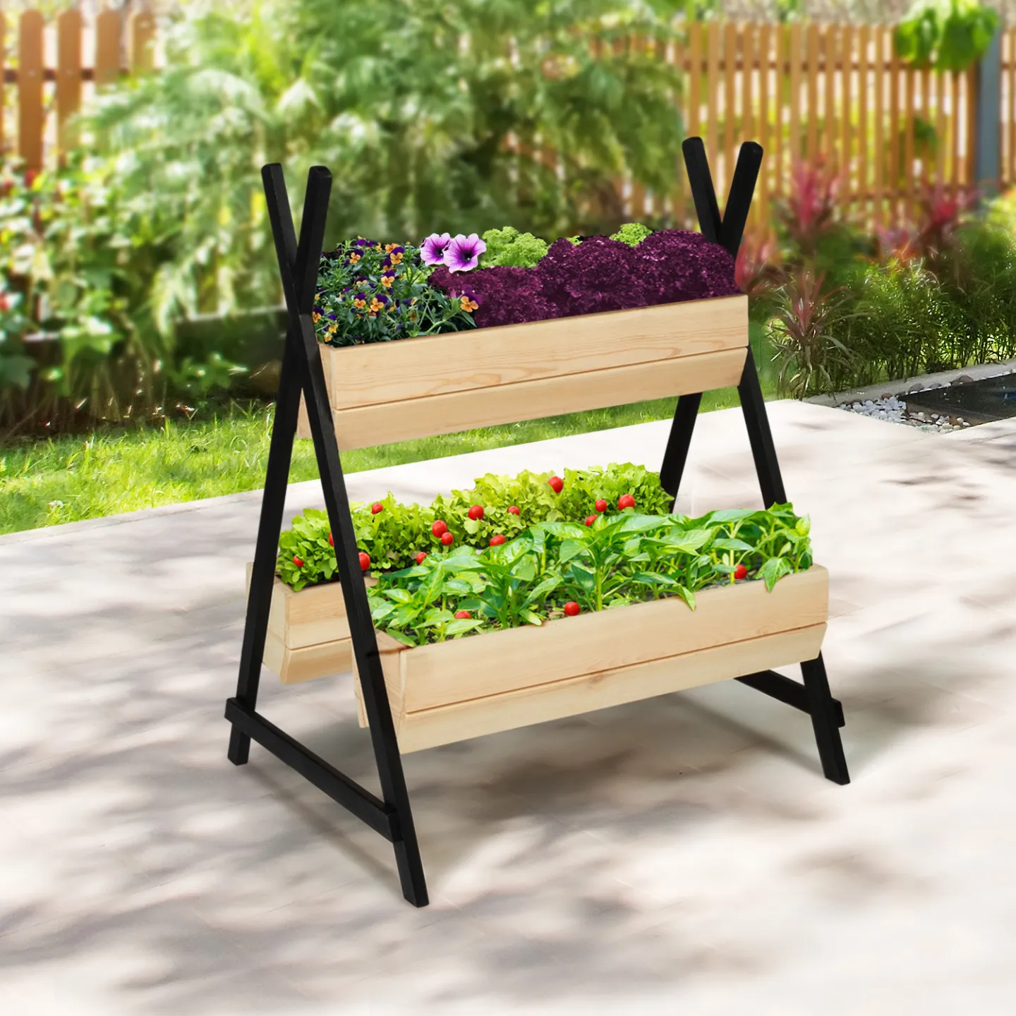 Potager PATY 3 bacs bois finitions noires jardinière tipi