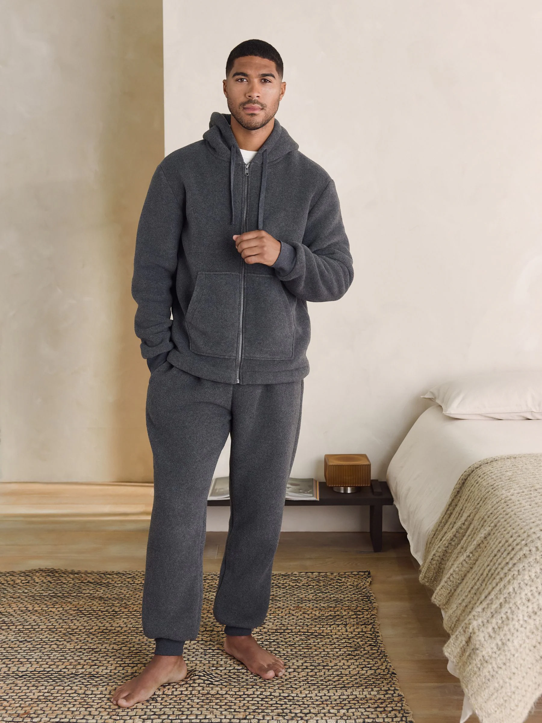 Leisteen grijs - Hoodie met geborstelde borg en fleece voering