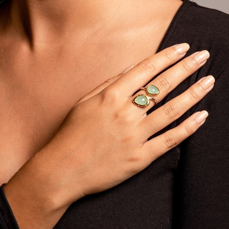 Bague Argent Rhodiée Toi Et Moi Ovale Verte