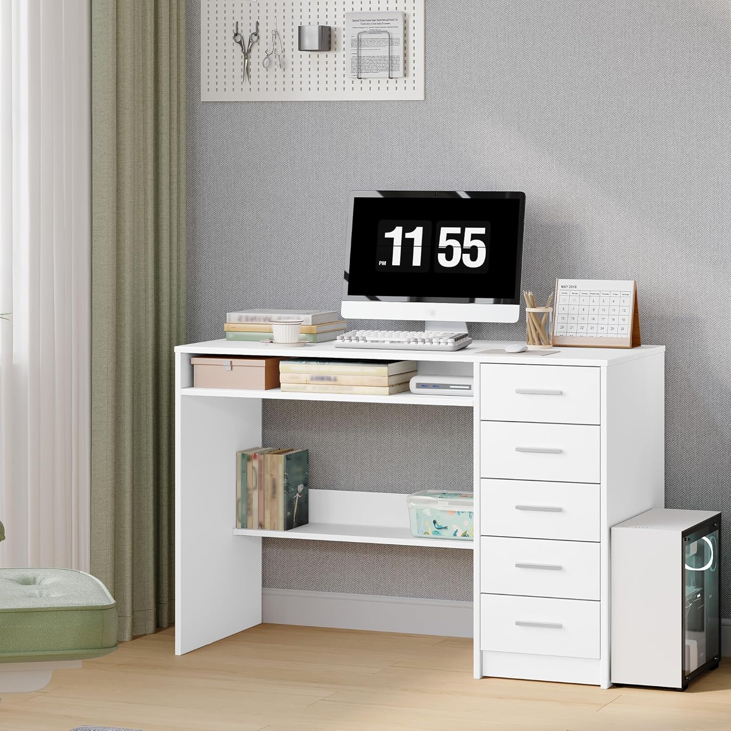 Hzuaneri Schreibtisch, Computertisch mit 5 Schubladen, Bürotisch mit Minimalistischem Design, moderner PC Tisch, 108 x 50 cm, geeignet für Arbeitszimmer, Büro, Schlafzimmer, Weiß CD10503X