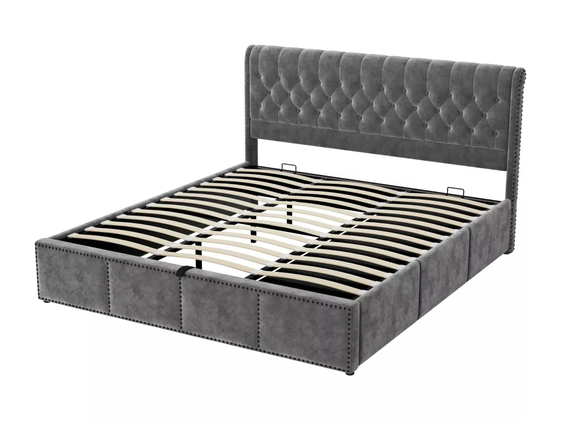 Lit coffre 160 x 200 cm avec tête de lit et 3 tirois - Décor rivet - Velours - Gris (sans matelas)