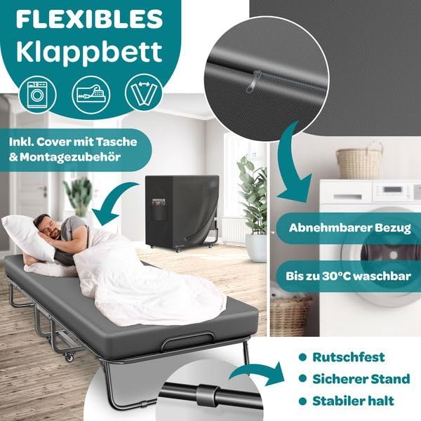 KESSER® Klappbett 200x90cm Gästebett inkl. Matratze aus Memory-Schaum & Rollen | faltbares Reisebett mit Metallrahmen für Erwachsene belastbar bis 250kg | Metallbett mit Schaumstoffmatratze & Cover
