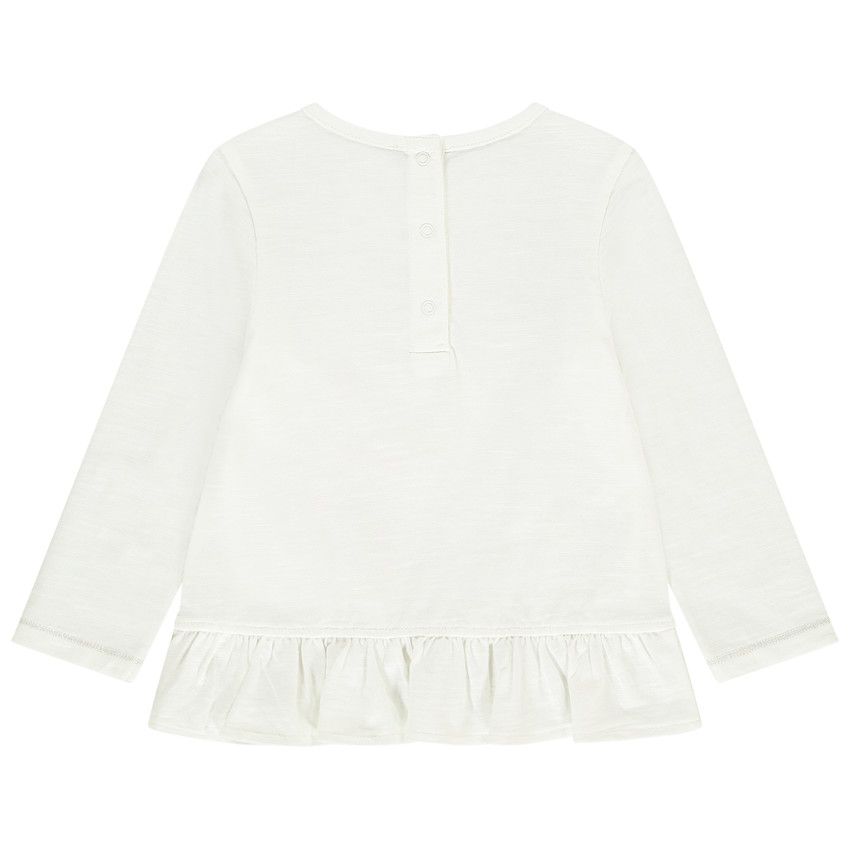 T-shirt volanté à manches longues en jersey avec broderies pour bébé fille - Ecru
