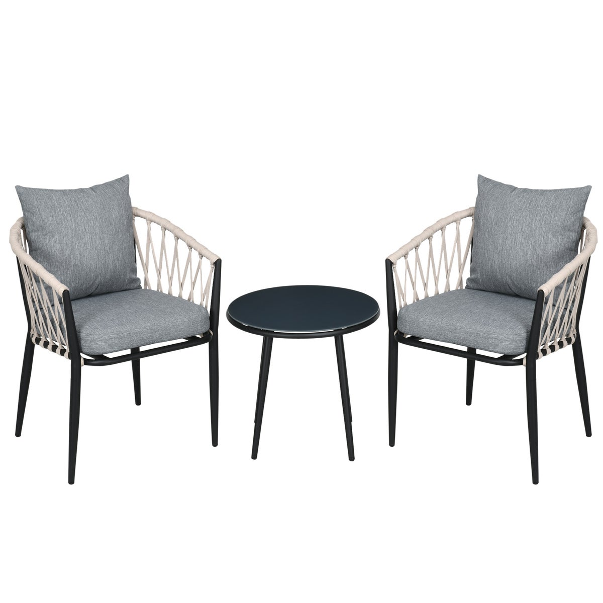 Outsunny 3-delige tuinmeubelset, tuinbistroset inclusief 1 tafel, 2 stoelen met zitkussens, balkonset, voor terras, balkon, 57L x 60B x 75H cm, staal, grijs