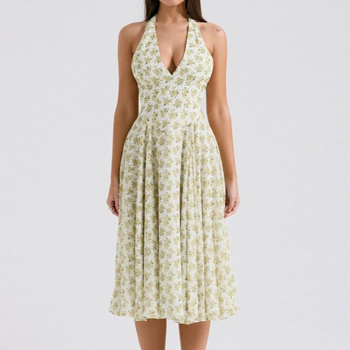 Puffields - Halter V-hals Diepuitgesneden Bloemenprint Open Rug Midi A-lijn Jurk